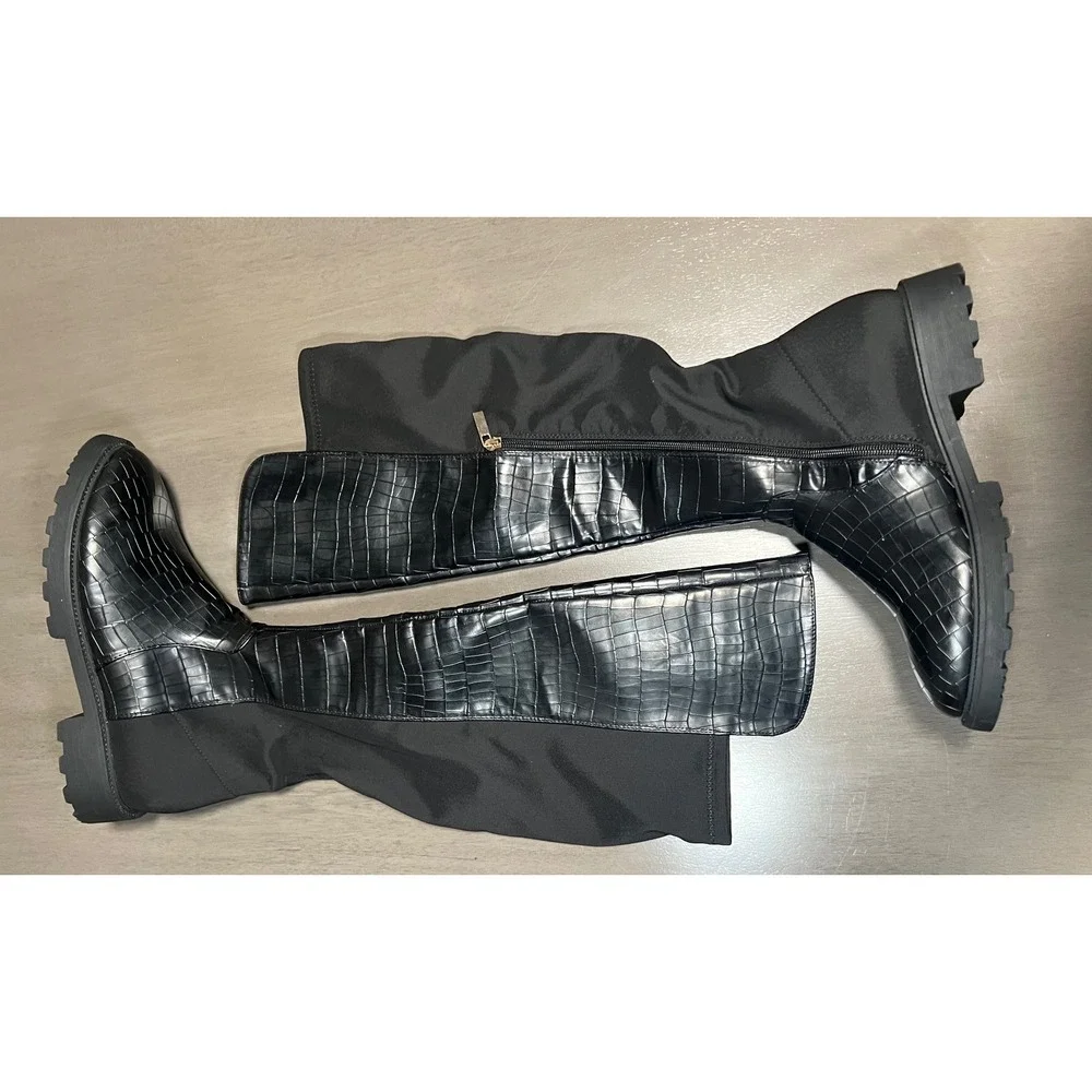 Black Croc Embossed Over The Knee Lug Sole Boots Stretch Back Sz 10